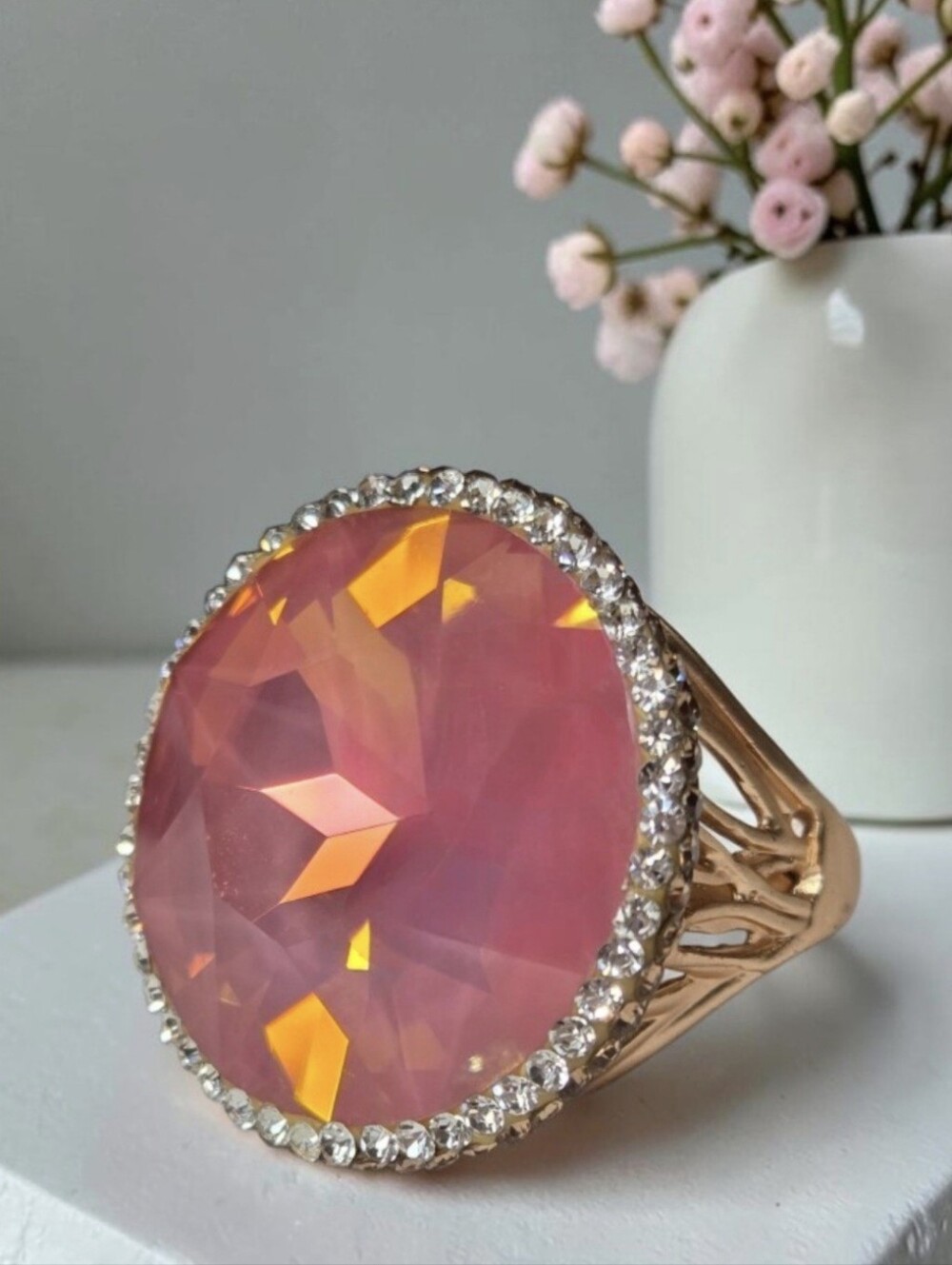 Huge Matte Gold Plated Girly Pink Aurora Borealis AB Crystal Candy Ring